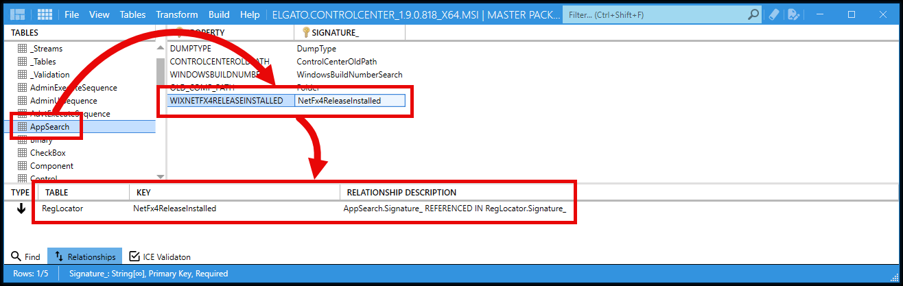 AppSearch table showing WIXNETFX4RELEASEINSTALLED property