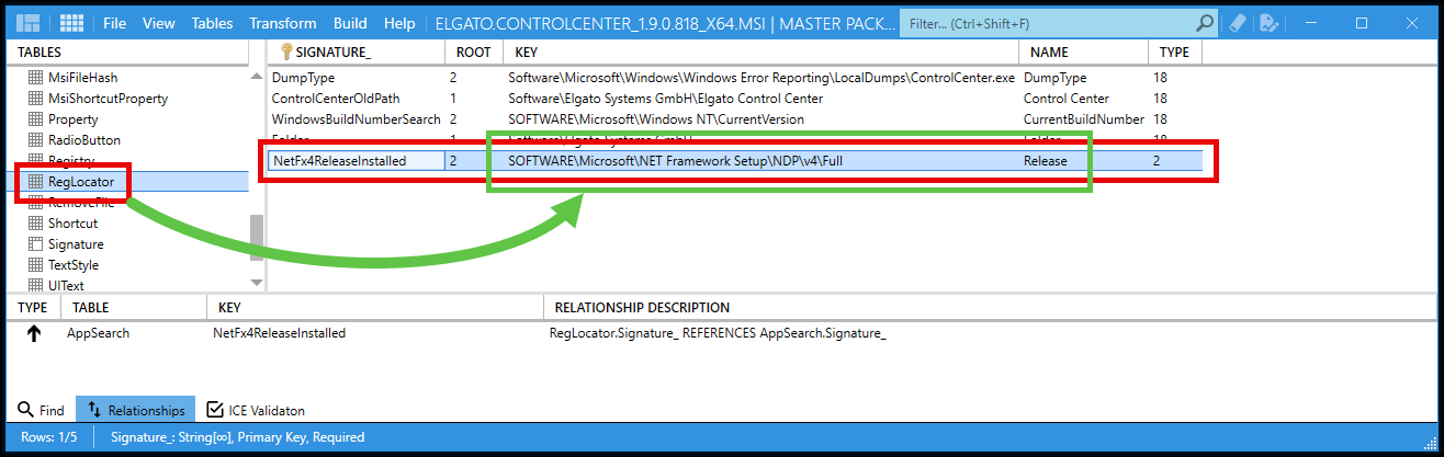 RegLocator table showing NetFx4ReleaseInstalled search