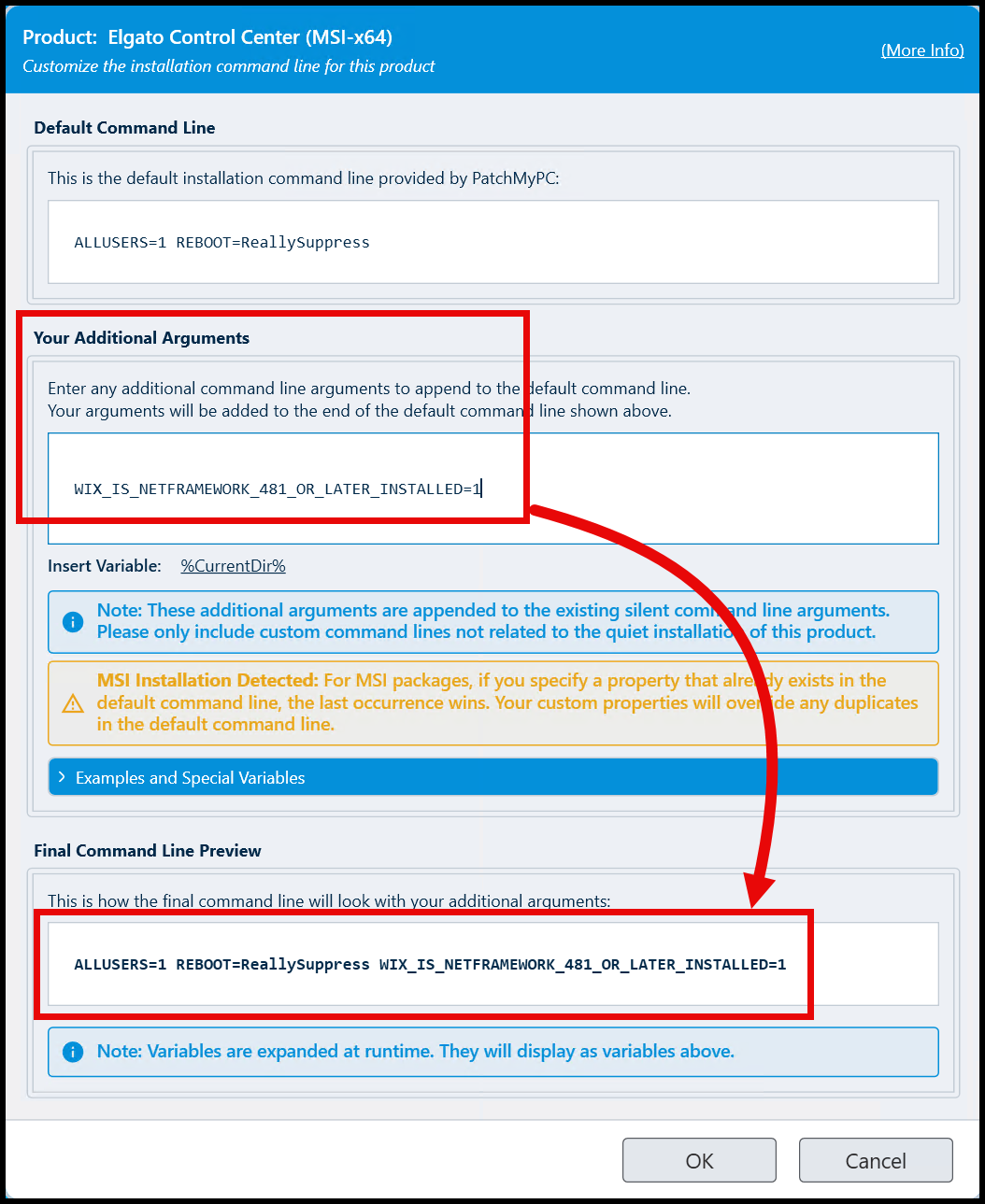 Patch My PC Publisher Modify Command Line window example