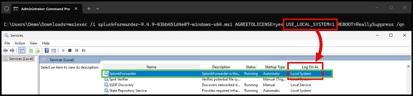 Splunk Universal Forwarder PMPC Default Command-line