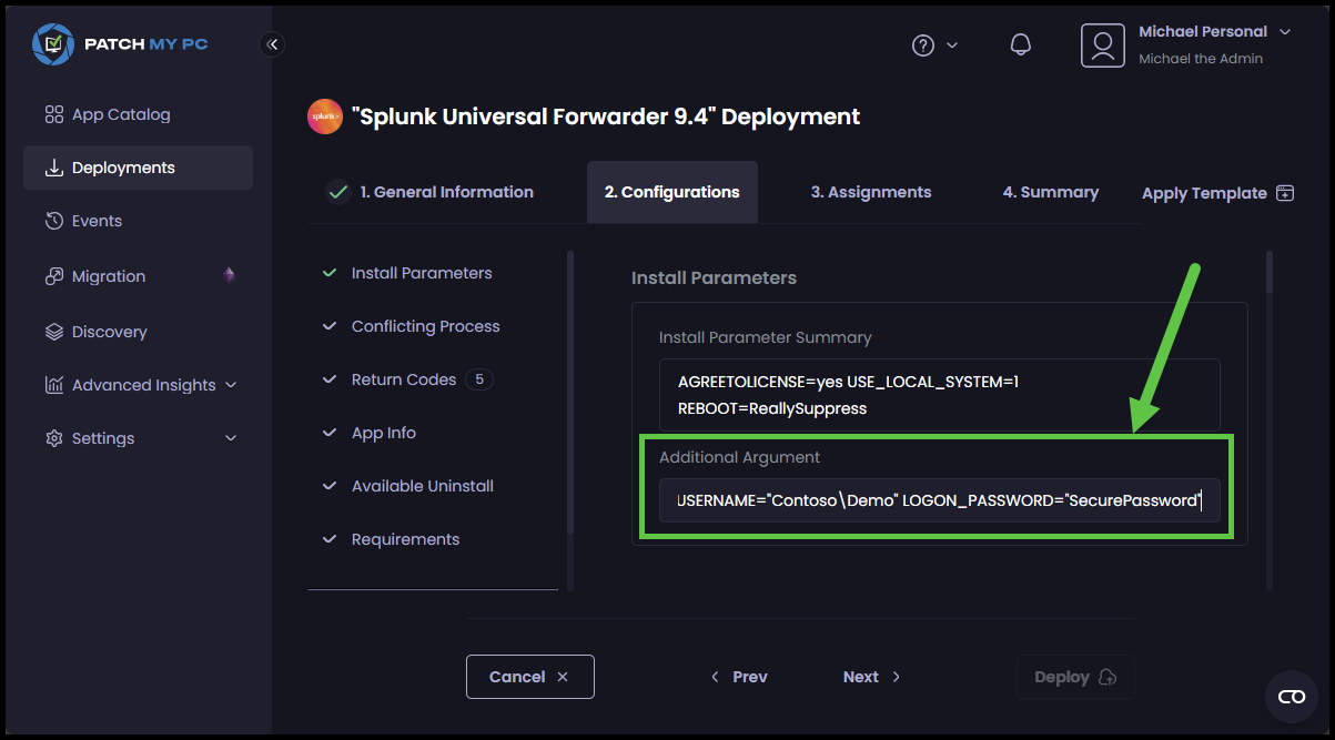 Splunk Universal Forwarder Cloud Additional Arguments with Service Account