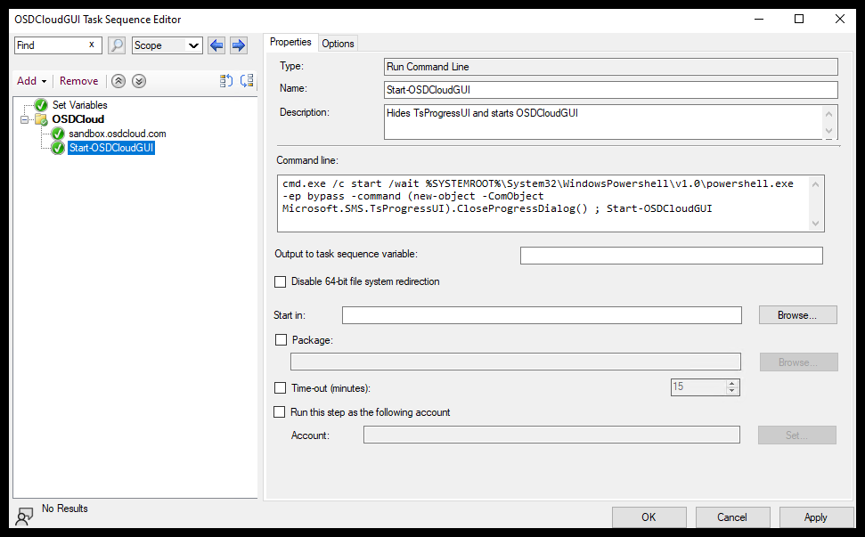 Task Sequence Step - Start OSDCloudGUI