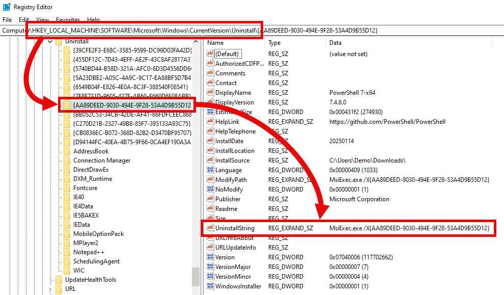 MSI Silent Install example Registry UninstallString