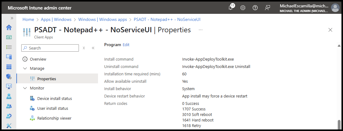 Intune App - Program Properties