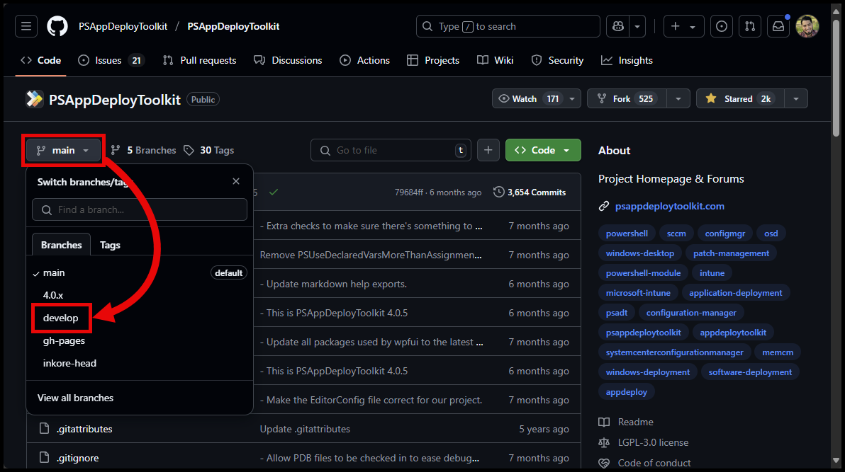 Switching Git Branches to develop