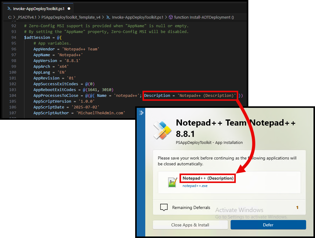How description show up in the PSADT Prompt