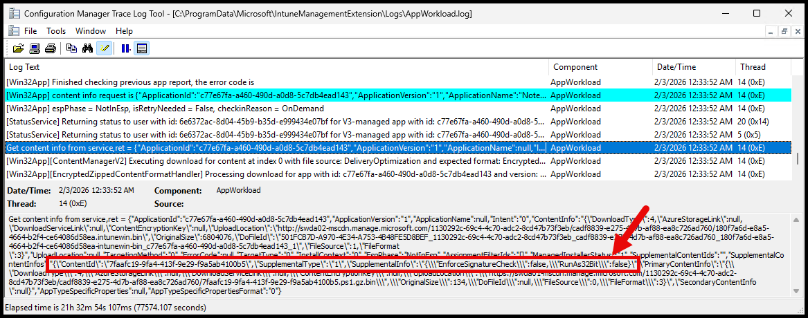 AppWorkload.log content info requests including script IDs
